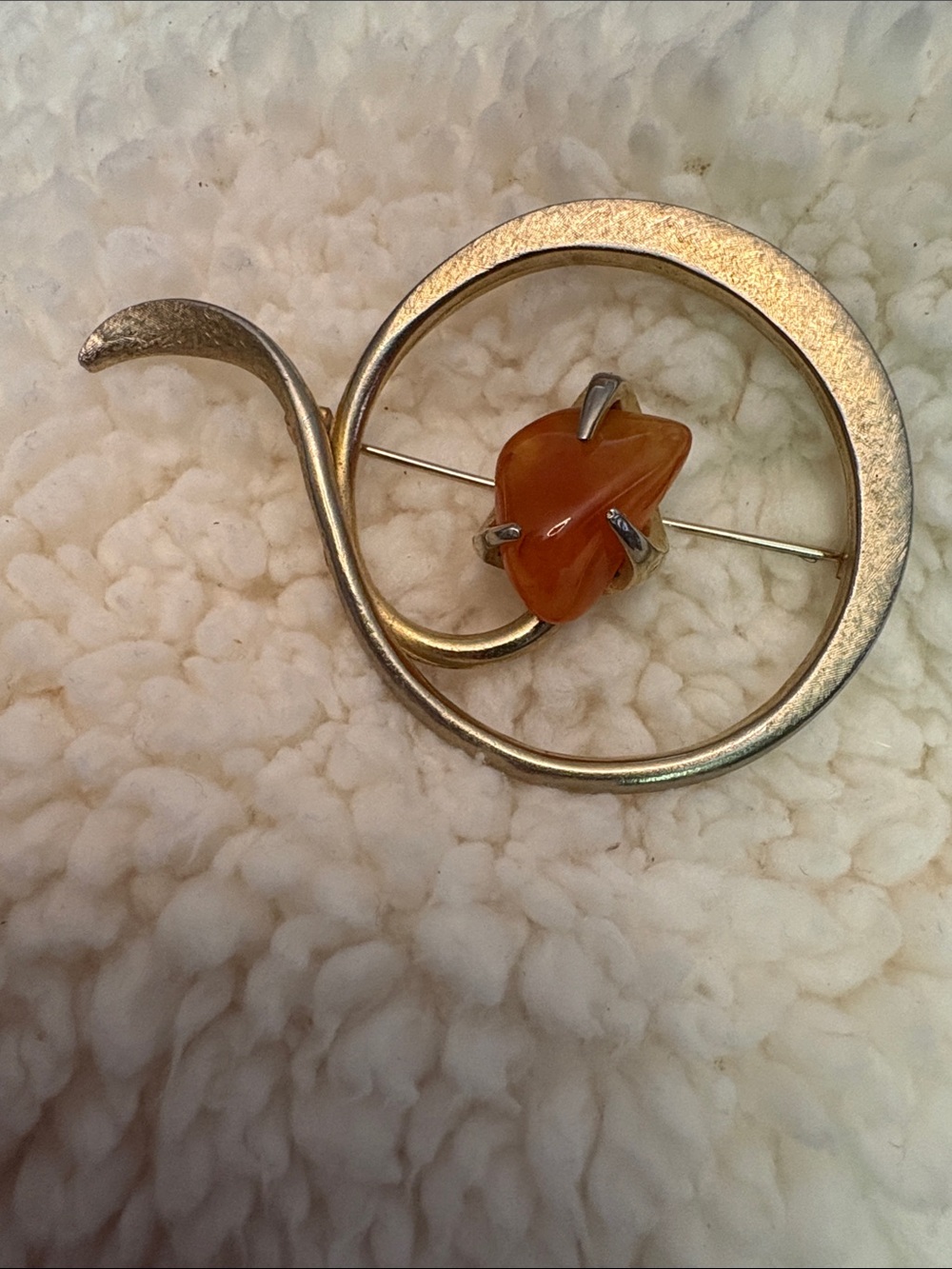 Rare Gold-Tone Swirl Brooch with Orange Agate Accent By Handcrafter